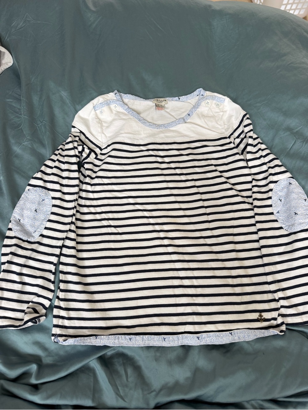 Cyrillus Navy & White Striped Long-Sleeve Tee with Light Blue Elbow Patches